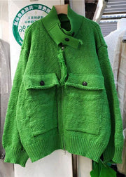 Fashion Green Zip Up Taschen Strickoberteile Mantel Frühling