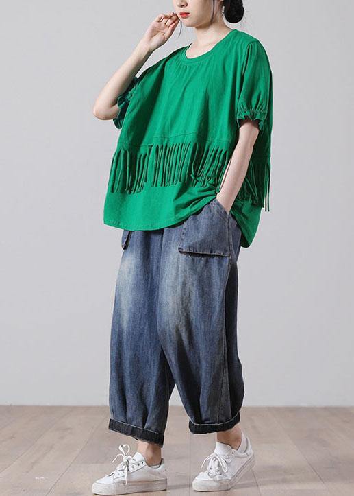 Fashion Green tasseled Cotton Top Short Sleeve Summer - bagstylebliss