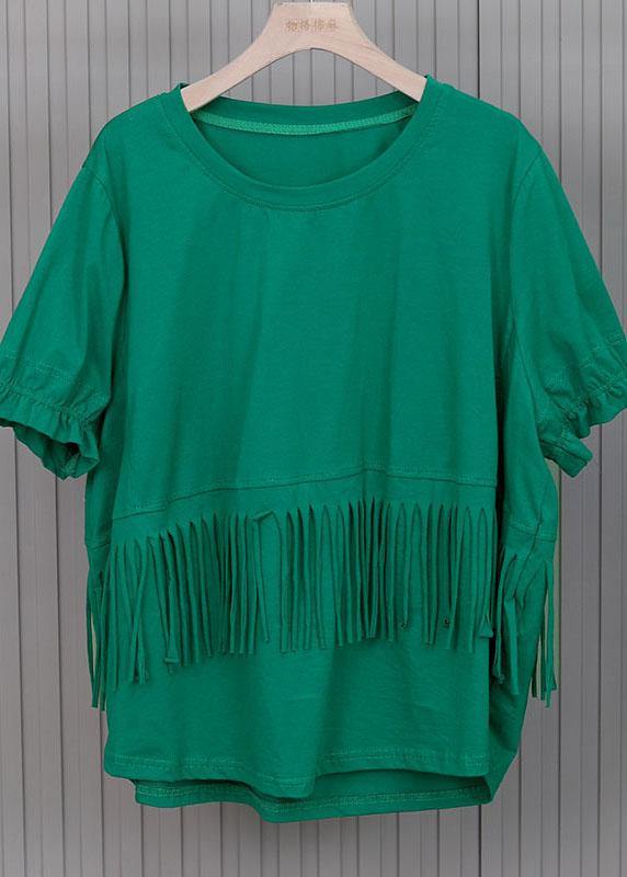 Fashion Green tasseled Cotton Top Short Sleeve Summer - bagstylebliss