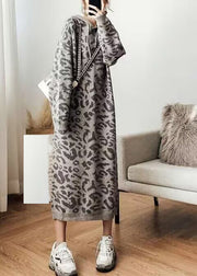 Fashion Grey Leopard Cozy Hoodie Knit Sweater Dress Fall