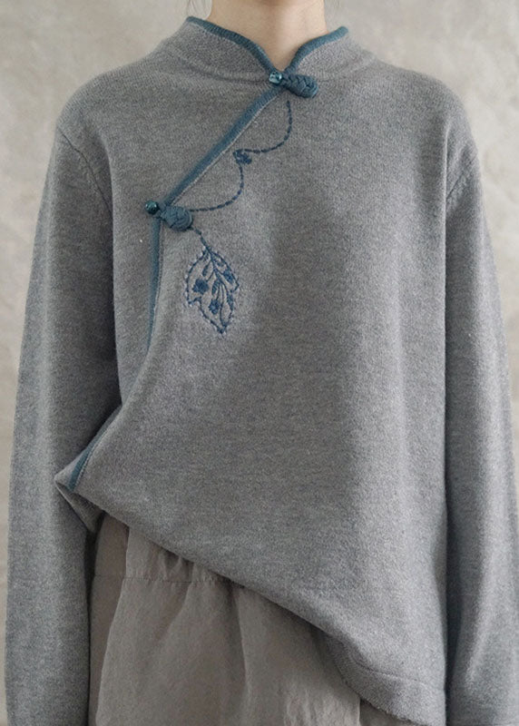 Fashion Grey Loose Oriental Fall Knit Long Knit Pullover