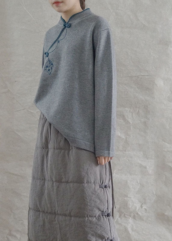 Fashion Grey Loose Oriental Fall Knit Long Knit Pullover