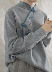 Fashion Grey Loose Oriental Fall Knit Long Knit Pullover