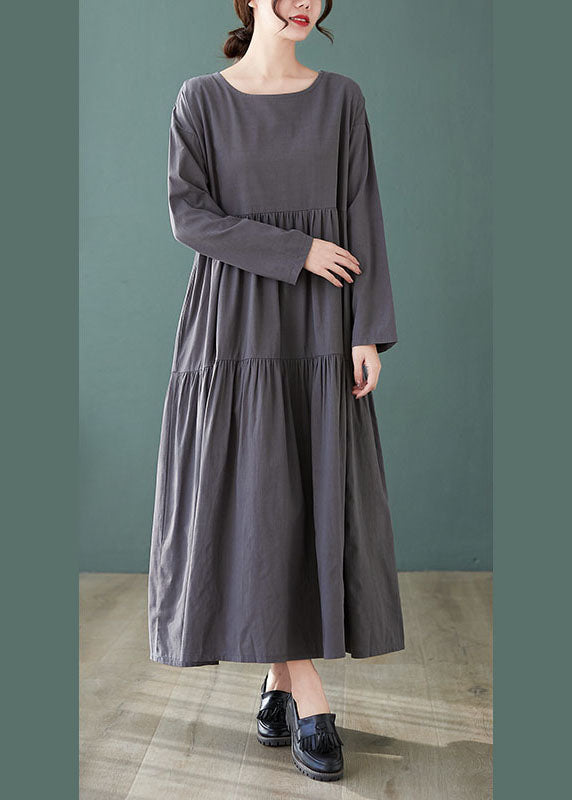 Fashion Grey Loose Pockets wrinkled Fall Vacation Dresses Long sleeve