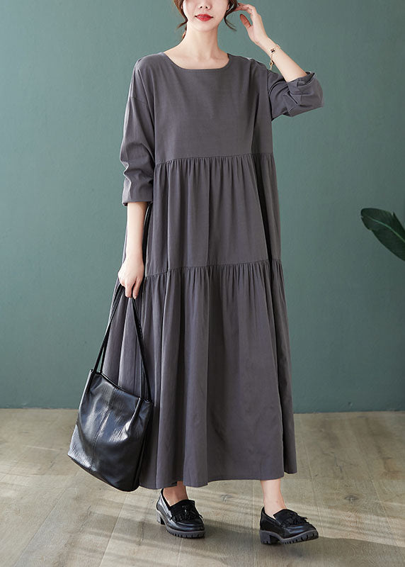 Fashion Grey Loose Pockets wrinkled Fall Vacation Dresses Long sleeve