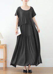 Fashion Grey O-Neck Asymmetrical Design Long Dresses Short Sleeve