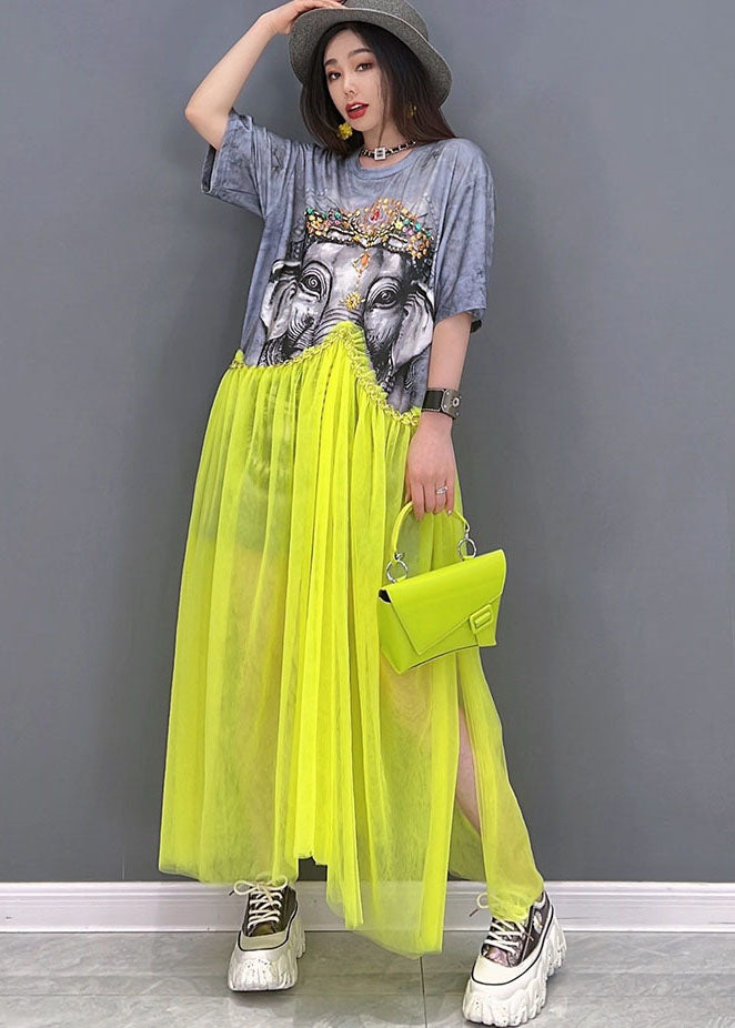 Fashion Grey O-Neck Patchwork Tulle Print Cotton Maxi Dress Short Sleeve