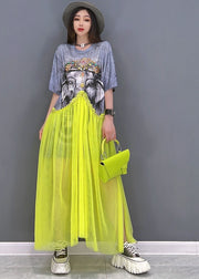 Fashion Grey O-Neck Patchwork Tulle Print Cotton Maxi Dress Short Sleeve