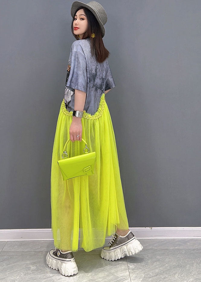 Fashion Grey O-Neck Patchwork Tulle Print Cotton Maxi Dress Short Sleeve