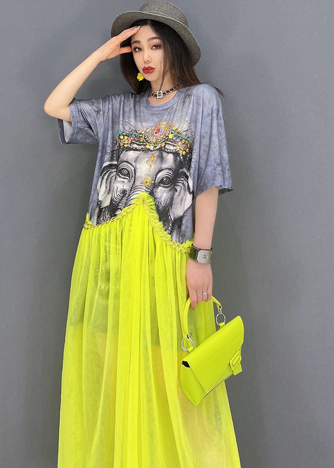 Fashion Grey O-Neck Patchwork Tulle Print Cotton Maxi Dress Short Sleeve