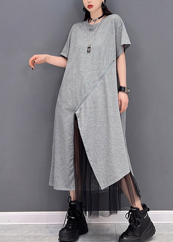 Fashion Grey O-Neck Zippered Tulle Patchwork Dresses Short Sleeve