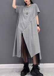 Fashion Grey O-Neck Zippered Tulle Patchwork Dresses Short Sleeve