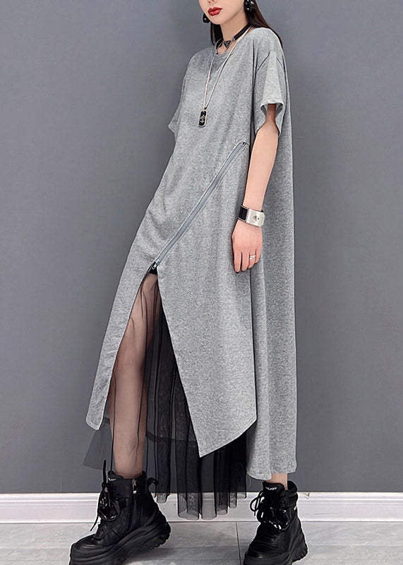 Fashion Grey O-Neck Zippered Tulle Patchwork Dresses Short Sleeve