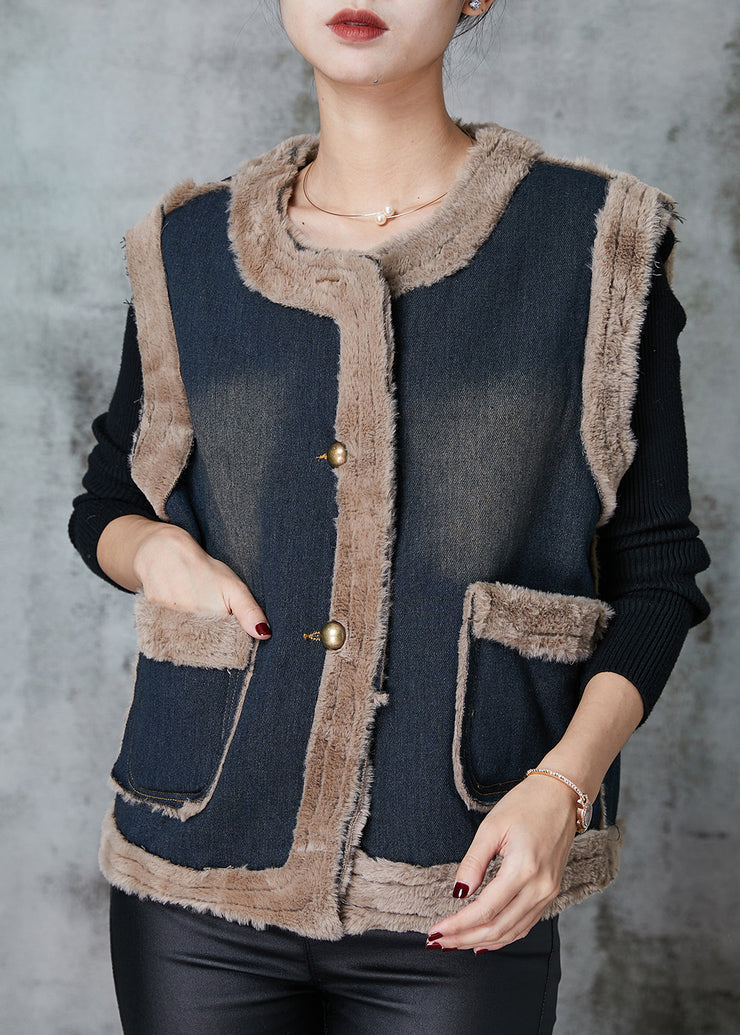 Fashion Grey Pockets Patchwork Warm Fleece Denim Vests Spring