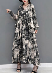 Fashion Grey V Neck Print Tie Waist Chiffon Long Dress Long Sleeve