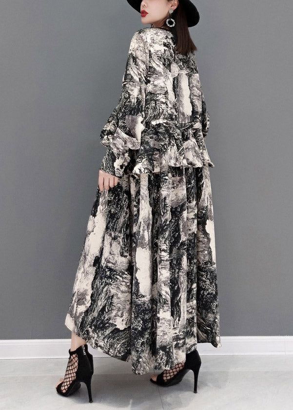 Fashion Grey V Neck Print Tie Waist Chiffon Long Dress Long Sleeve