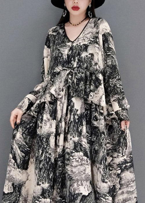 Fashion Grey V Neck Print Tie Waist Chiffon Long Dress Long Sleeve