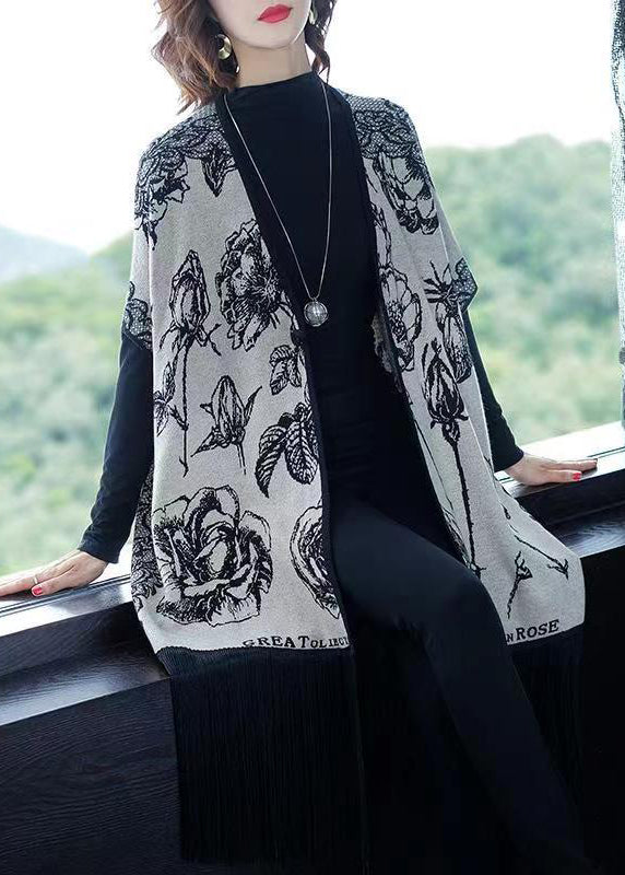 Fashion Grey V Neck Tasseled Print Patchwork Knit Coats Fall