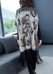 Fashion Grey V Neck Tasseled Print Patchwork Knit Coats Fall