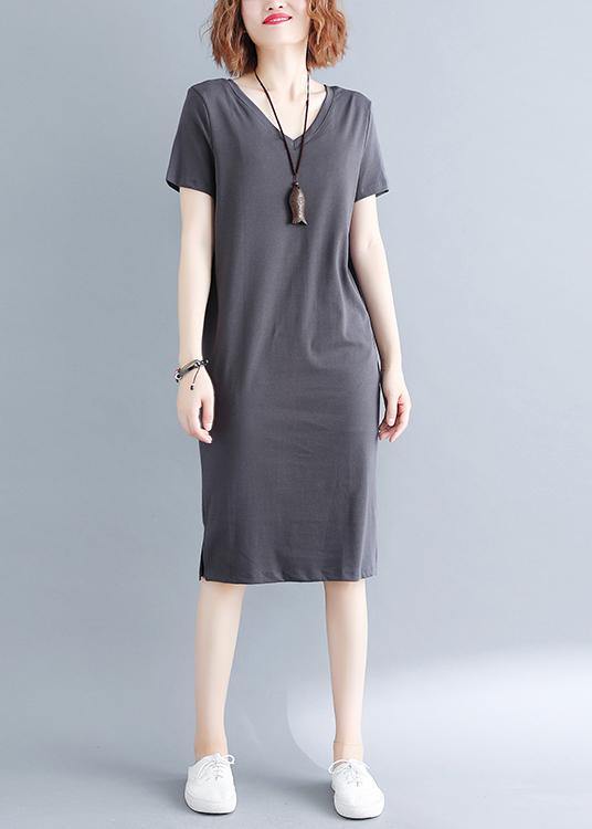 Fashion Grey V Neck Vacation Summer Cotton Dress - bagstylebliss