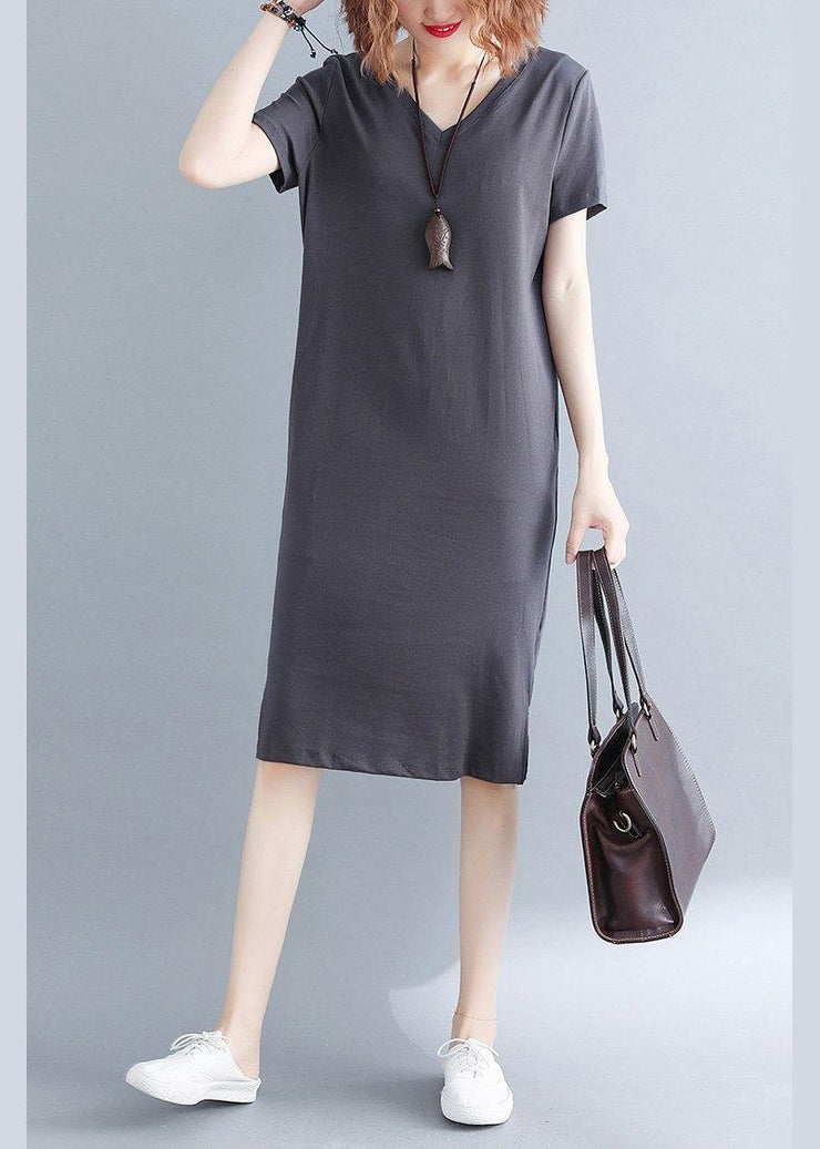 Fashion Grey V Neck Vacation Summer Cotton Dress - bagstylebliss