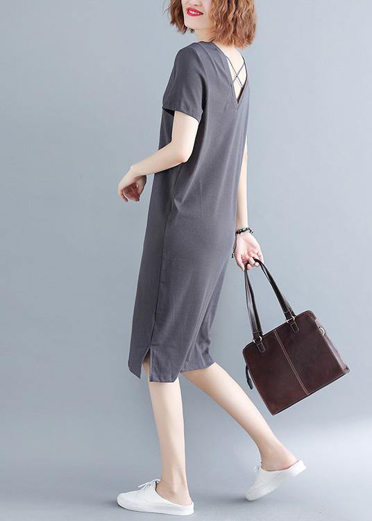 Fashion Grey V Neck Vacation Summer Cotton Dress - bagstylebliss