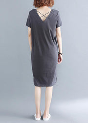 Fashion Grey V Neck Vacation Summer Cotton Dress - bagstylebliss