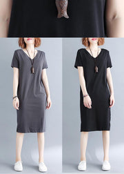 Fashion Grey V Neck Vacation Summer Cotton Dress - bagstylebliss