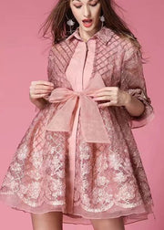 Fashion Grey organza Patchwork Hollow Out Bow waist Fall Half Sleeve Coat