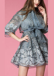 Fashion Grey organza Patchwork Hollow Out Bow waist Fall Half Sleeve Coat