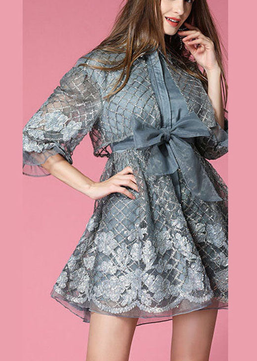 Fashion Grey organza Patchwork Hollow Out Bow waist Fall Half Sleeve Coat