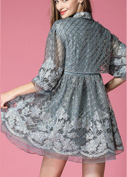 Fashion Grey organza Patchwork Hollow Out Bow waist Fall Half Sleeve Coat