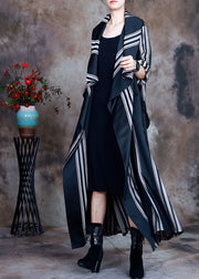 Fashion Grey tie waist Peter Pan Collar Striped Cotton Trench Spring