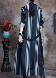 Fashion Grey tie waist Peter Pan Collar Striped Cotton Trench Spring