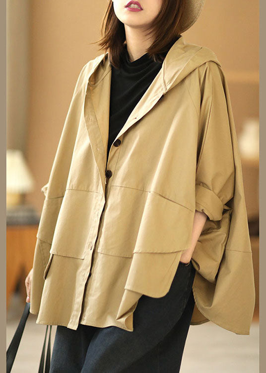 Fashion Khaki Bat wing Sleeve Patchwork Casual Fall Hooded Coat