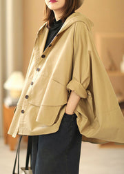 Fashion Khaki Bat wing Sleeve Patchwork Casual Fall Hooded Coat