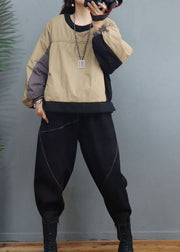 Fashion Khaki O-Neck lantern sleeve Fine Cotton Filled Sweatshirt Street wear