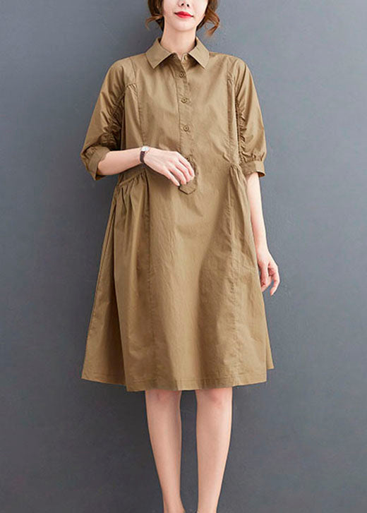 Fashion Khaki Peter Pan Collar Button Cotton Dresses Half Sleeve