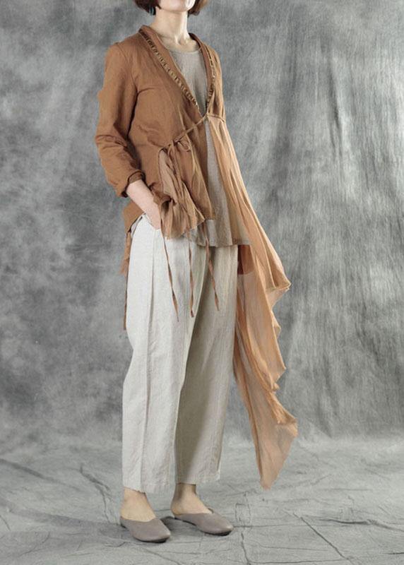 Fashion Khaki Tie Waist Patchwork Asymmetrical Design Fall Jackets Long Sleeve - bagstylebliss