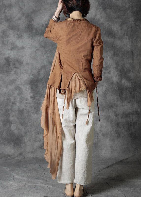 Fashion Khaki Tie Waist Patchwork Asymmetrical Design Fall Jackets Long Sleeve - bagstylebliss