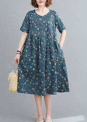 Fashion Lake Blue Wrinkled Print Cotton A Line Dresses Short Sleeve