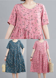 Fashion Lake Blue Wrinkled Print Cotton A Line Dresses Short Sleeve