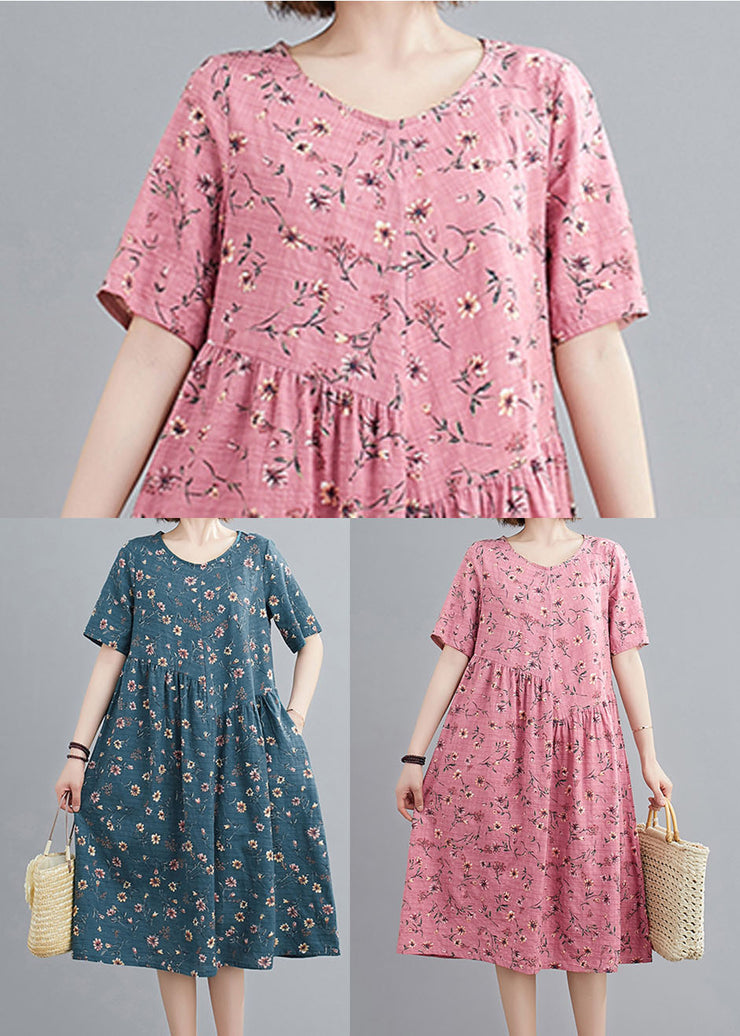 Fashion Lake Blue Wrinkled Print Cotton A Line Dresses Short Sleeve