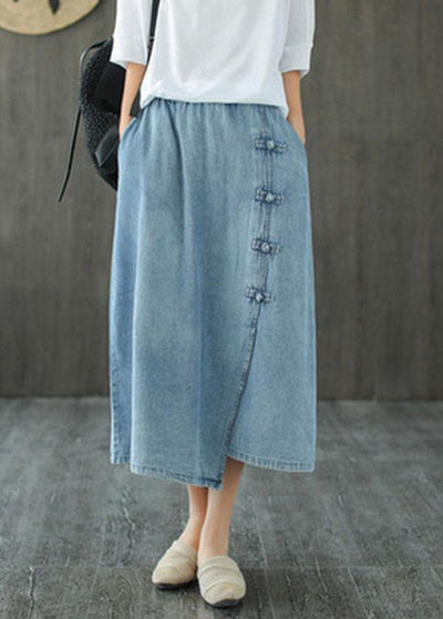 Fashion Light Blue Asymmetrical Design Button A Line Pockets Fall Skirts - bagstylebliss