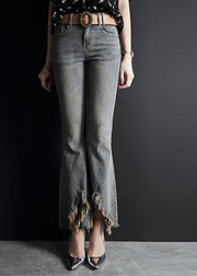 Fashion Light Blue Asymmetrical Pockets Cotton Denim Flare Pants Summer