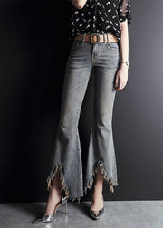 Fashion Light Blue Asymmetrical Pockets Cotton Denim Flare Pants Summer