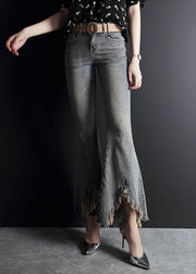 Fashion Light Blue Asymmetrical Pockets Cotton Denim Flare Pants Summer