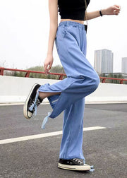 Fashion Light Blue Elastic Waist Side Open Drawstring Cotton Denim Pants Summer