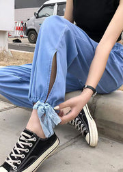 Fashion Light Blue Elastic Waist Side Open Drawstring Cotton Denim Pants Summer