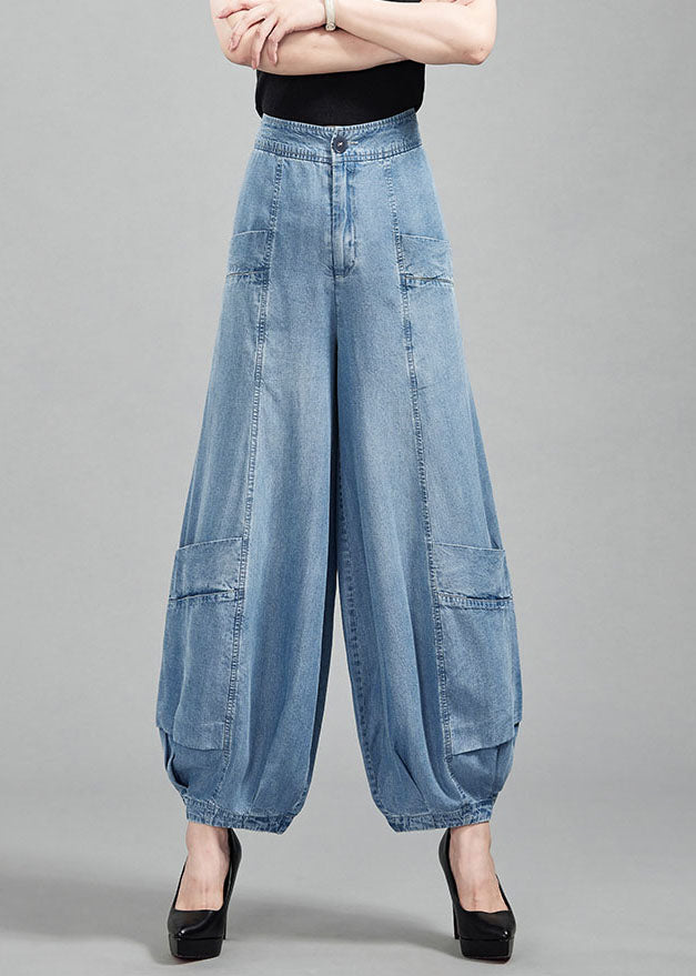 Fashion Light Blue High Waist Pockets Cotton Denim Lantern Pants Summer